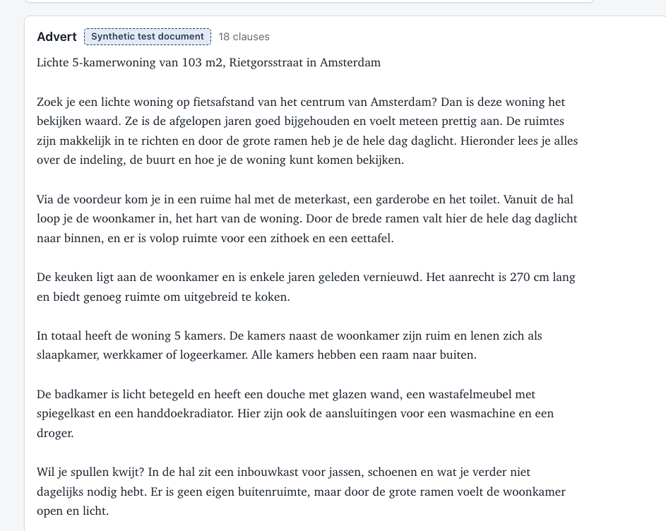 A synthetic Dutch rental advert for a light 5-room home of 103 m2 in Amsterdam, marked Synthetic test document, 18 clauses.