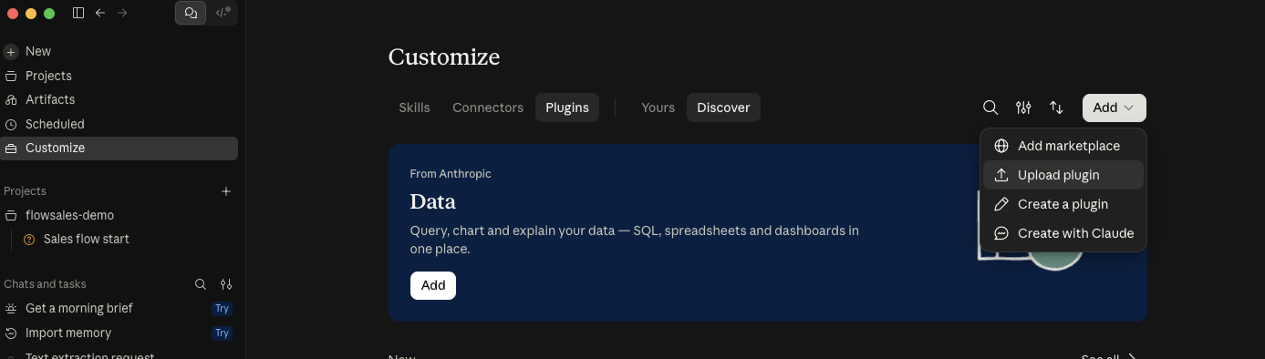 The Customize page in the Claude desktop app on the Plugins tab, with Upload plugin selected under the Add menu