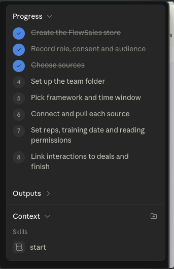 The Cowork progress panel listing the eight FlowSales setup steps, with the first three ticked off