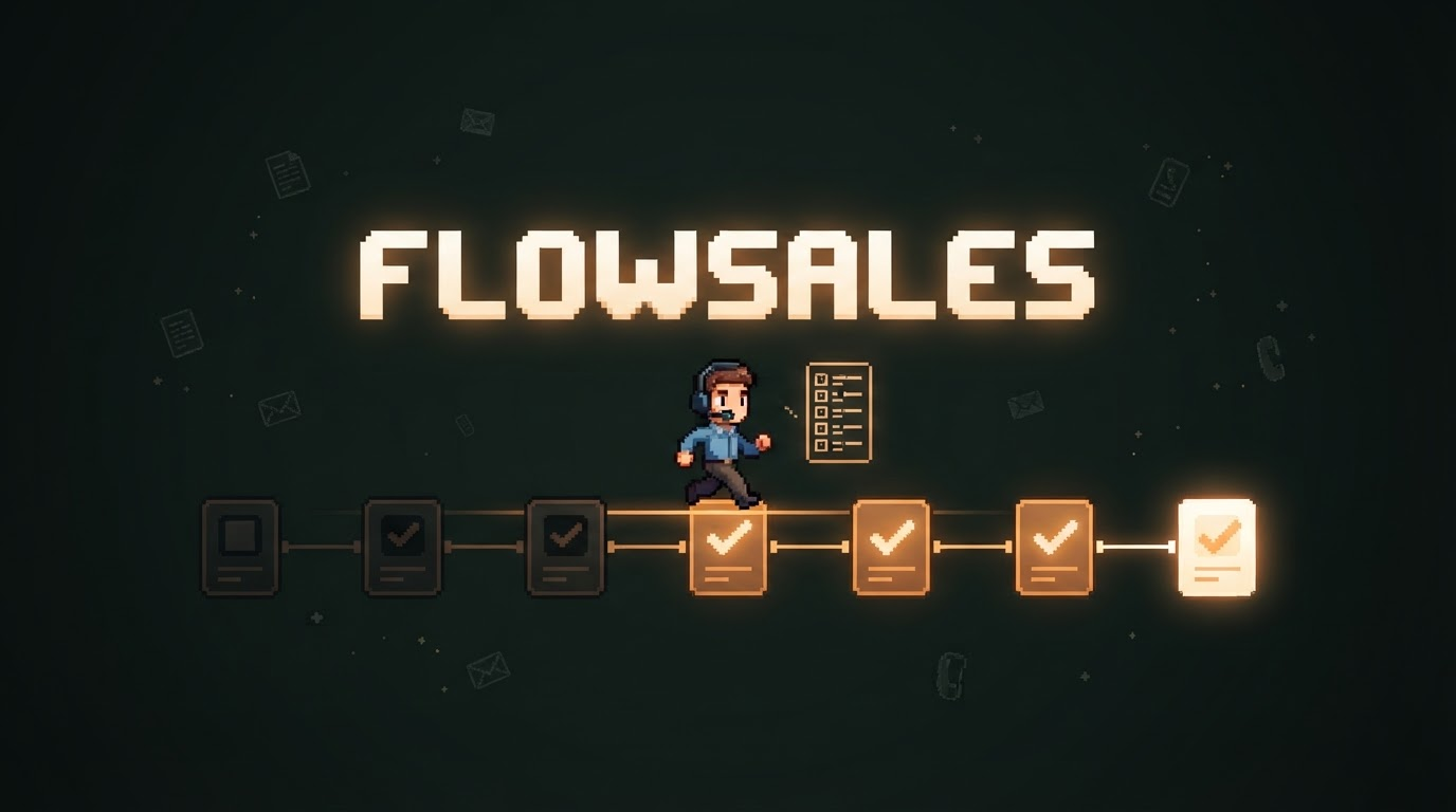 FlowSales: a pixel-art sales rep walking a glowing pipeline of checked deal cards