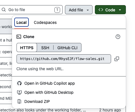 The Code menu on the FlowSales GitHub repository, with Download ZIP at the bottom